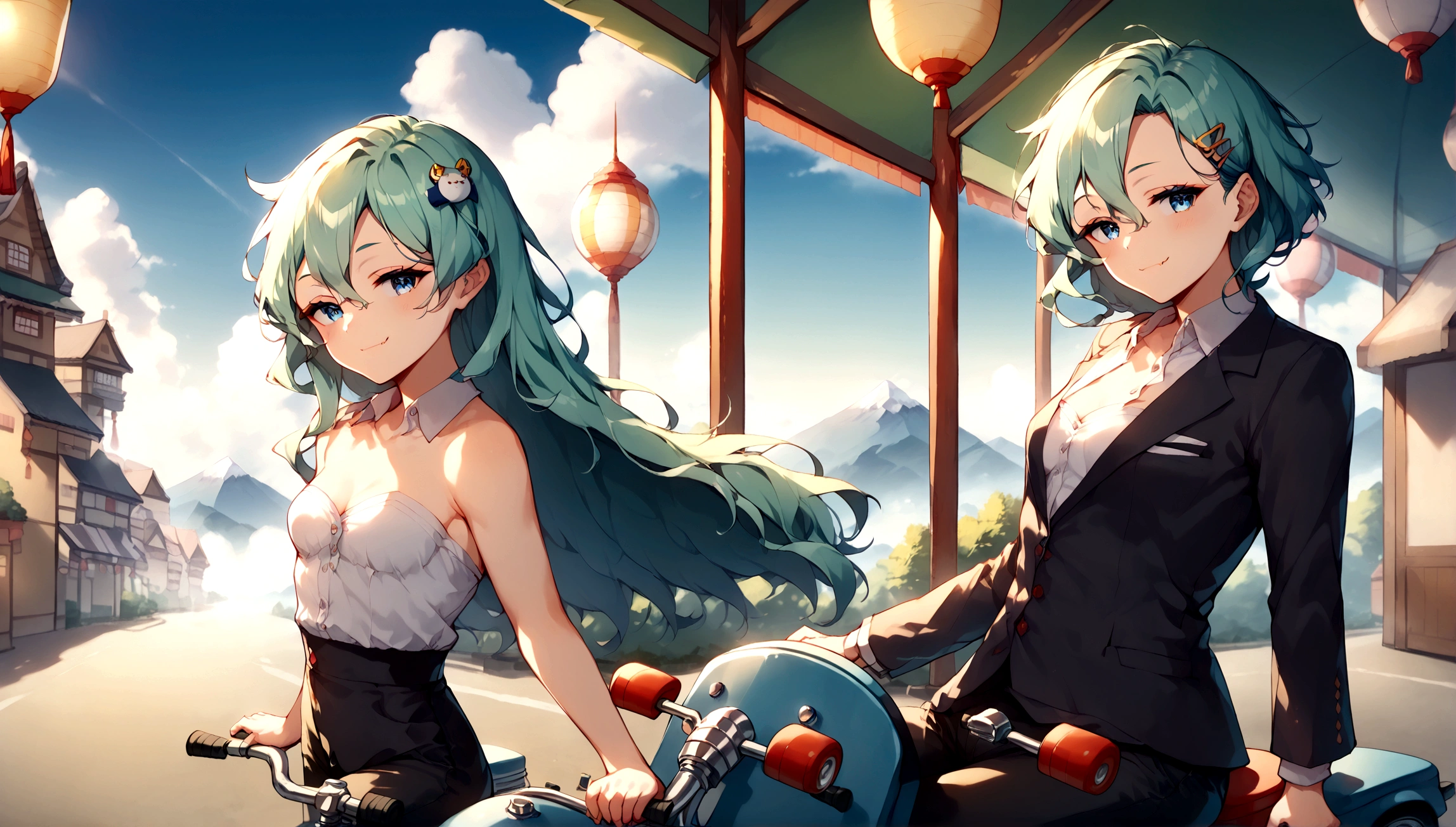 (score_9, score_8_up, score_7_up), lum, solo, long hair, bangs, green hair, blue eyes, aqua hair, tiny horns, eyeshadow, breasts, small breasts, looking at viewer, blush, teasing smile, fang, tilt head, (masterpiece), perfect sexy female body, (sexy and seductive pose:1.3), medieval Japanese street, mountain, Mount Fuji, hair between eyes, (hair ornament:1.2), hairclip, sidelocks, riding, business suit, strapless, black pants, white collared shirt, kanedabike, yellow tiger-stripped bigscooter, painterly, jhyd style, from side,