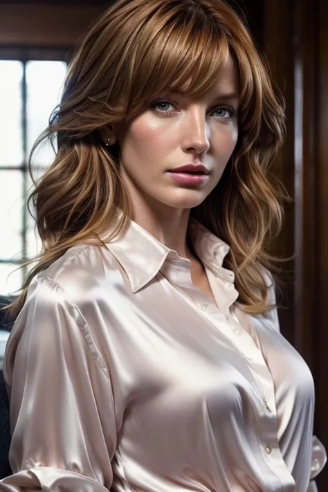 Kelly Reilly, clear face, detailed face, realistic,satin shirt