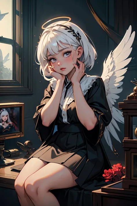  evil dark (1girl, solo, hair ornament, dress, sitting, white hair, short sleeves, heart, wings, indoors, halo, feathered wings,...