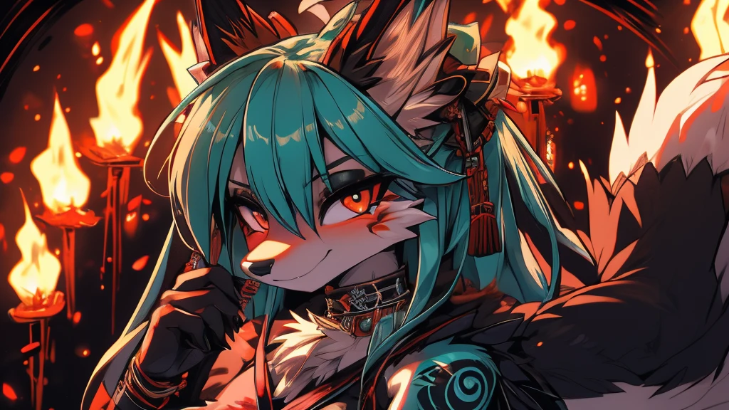 Miku Hatsune, add high definition_detail:1, blue fur,kitsune ears, tribal tattoo add_detail:1, in hell add_detail, batwigns add_detail Fer yokai kitsune add_detail:1