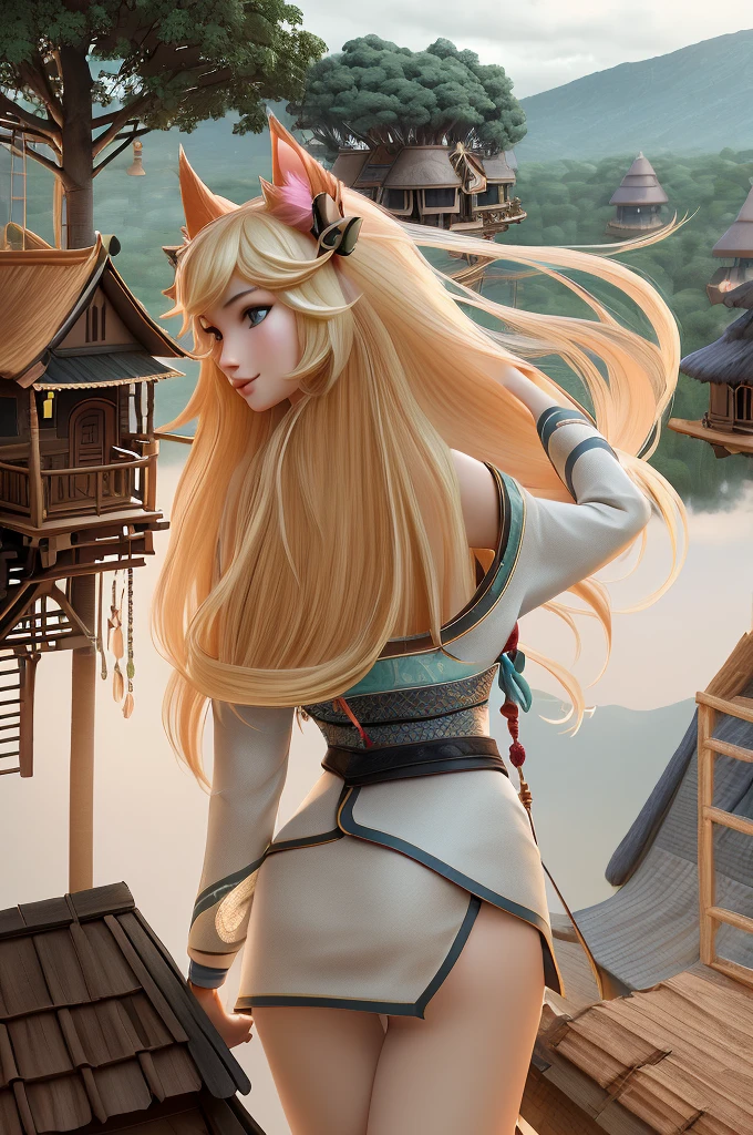 close up 1girl in, Ahri, league of legends, teenager, Solo, long hair, super long blond hair, pale skin, full medium breasts, cleavage, runners body, (thin hips, thin waist: 1.25), (arched back:1.12), detailed skin, neutral face, mischievous smile, revealing clothes, (wearing fox ears, 9 fox tails, revealing off the shoulder kimono: 1.1), (detailed tree house village background:1.4), dark rooftop, overlooking apocalyptic city, 4k textures, soft light, elegant, highly detailed, sharp focus, soothing tones, insane details, intricate details, hyperdetailed, low contrast, exposure blend, hdr, faded