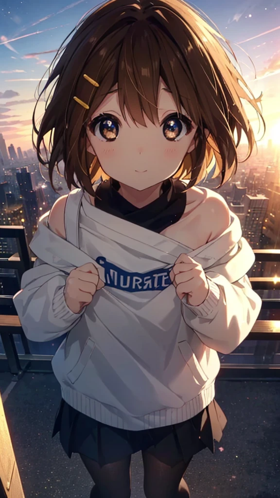 yuihirasawa, Yui Hirasawa, short hair, Brown Hair, hair ornaments, (Brown eyes:1.5),blush,smile,White oversized one-shoulder sweater,Black pleated skirt,White Pantyhose,short boots,Hair Clip,((Panties in full view))、smile、Overlooking the city from the top of the hill、Beautiful sunset、the wind is strong、whole bodyがイラストに入るように,
break otdoors, 丘
break looking at viewer, whole body、
break (masterpiece:1.2), Highest quality, High resolution, unity 8k wallpaper, (shape:0.8), (Beautiful and beautiful eyes:1.6), Highly detailed face, Perfect lighting, Extremely detailed CG, (Perfect hands, Perfect Anatomy),