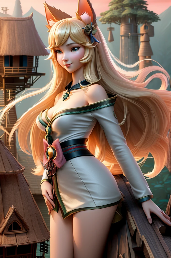 close up 1girl in, Ahri, league of legends, teenager, Solo, long hair, super long blond hair, pale skin, full medium breasts, cleavage, runners body, (thin hips, thin waist: 1.25), (arched back:1.12), detailed skin, neutral face, mischievous smile, revealing clothes, (wearing fox ears, fox tails, off the shoulder kimono: 1.1), (detailed tree house village background:1.4), dark rooftop, overlooking apocalyptic city, 4k textures, soft light, elegant, highly detailed, sharp focus, soothing tones, insane details, intricate details, hyperdetailed, low contrast, exposure blend, hdr, faded