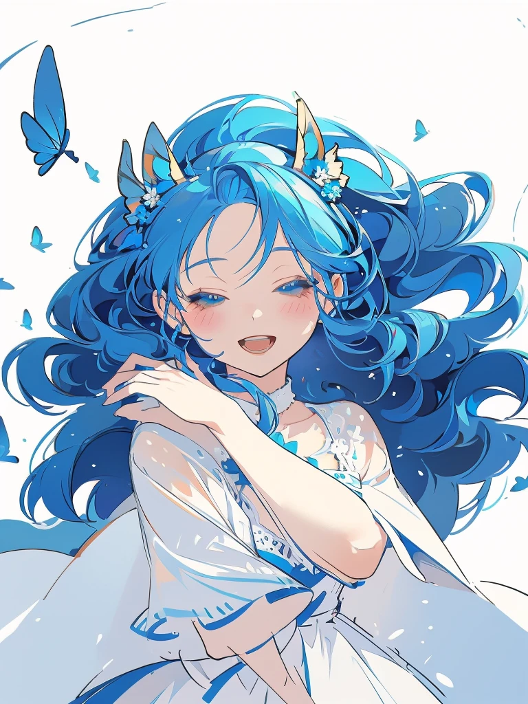 bust-up, 1girl, tosca blue hair, butterfly picking up strands of hair, blue flower, deer ears, white deer antlers, elegant white dress, happy expression, splash cool background, solo, sketch, portrait, dynamic pose