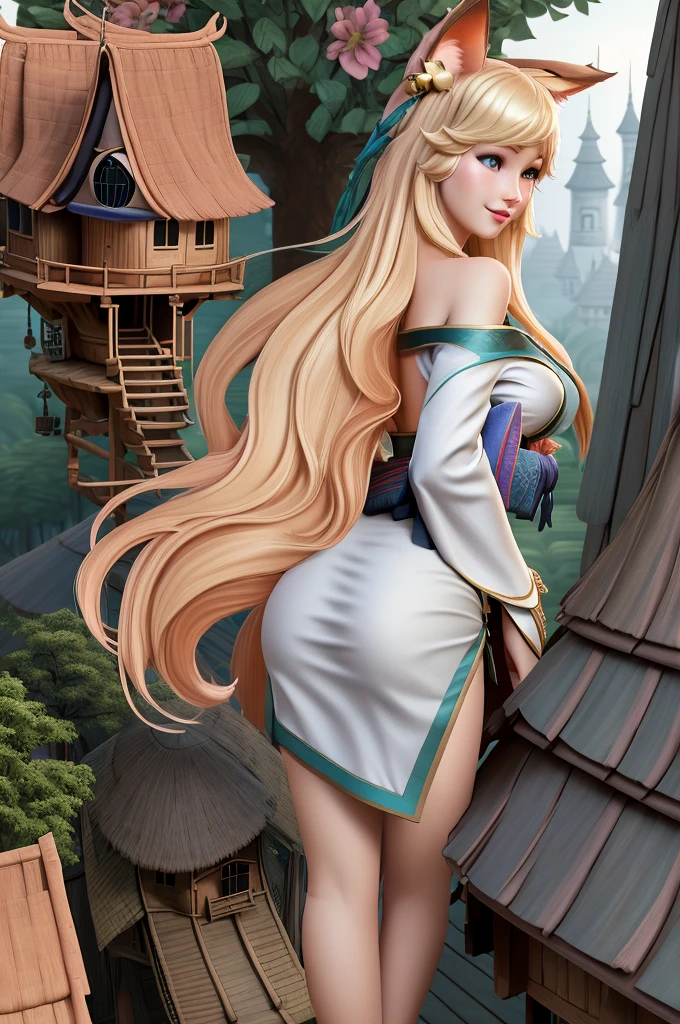 close up 1girl in, Ahri, league of legends, teenager, Solo, long hair, super long blond hair, pale skin, full medium breasts, cleavage, runners body, (thin hips, thin waist: 1.25), (arched back:1.12), detailed skin, neutral face, mischievous smile, revealing clothes, (wearing fox ears, fox tails, off the shoulder nsfw kimono: 1.1), (detailed tree house village background:1.4), dark rooftop, overlooking apocalyptic city, 4k textures, soft light, elegant, highly detailed, sharp focus, soothing tones, insane details, intricate details, hyperdetailed, low contrast, exposure blend, hdr, faded