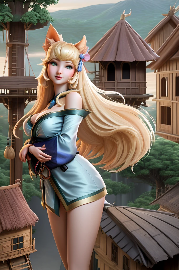 close up 1girl in, Ahri, league of legends, teenager, Solo, long hair, super long blond hair, pale skin, full medium breasts, cleavage, runners body, (thin hips, thin waist: 1.25), (arched back:1.12), detailed skin, neutral face, mischievous smile, revealing clothes, (wearing fox ears, fox tails, off the shoulder nsfw kimono: 1.1), (detailed tree house village background:1.4), dark rooftop, overlooking apocalyptic city, 4k textures, soft light, elegant, highly detailed, sharp focus, soothing tones, insane details, intricate details, hyperdetailed, low contrast, exposure blend, hdr, faded