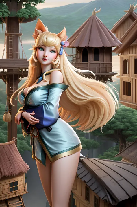 close up 1girl in, Ahri, league of legends, teenager, Solo, long hair, super long blond hair, pale skin, full medium breasts, cl...