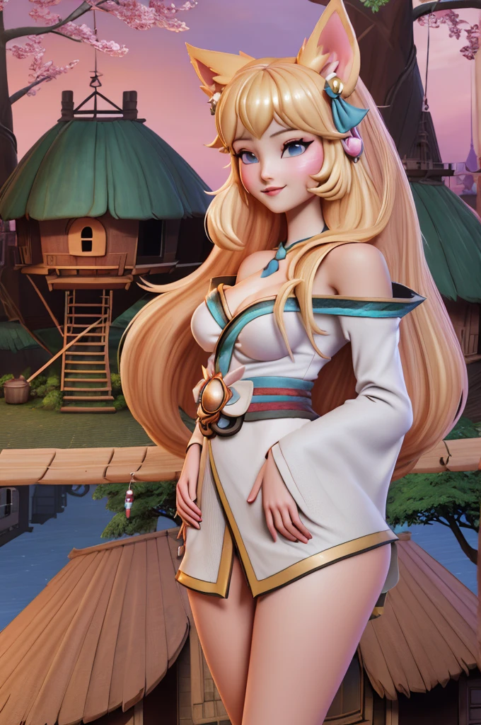 close up 1girl in, Ahri, league of legends, teenager, Solo, long hair, super long blond hair, pale skin, full medium breasts, cleavage, runners body, (thin hips, thin waist: 1.25), (arched back:1.12), detailed skin, neutral face, mischievous smile, revealing clothes, (wearing fox ears, fox tails, off the shoulder kimono: 1.1), (detailed tree house village background:1.4), dark rooftop, overlooking apocalyptic city, 4k textures, soft light, elegant, highly detailed, sharp focus, soothing tones, insane details, intricate details, hyperdetailed, low contrast, exposure blend, hdr, faded