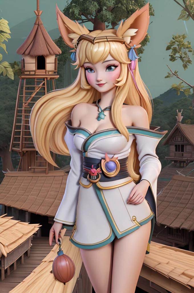 close up 1girl in, Ahri, league of legends, teenager, Solo, long hair, super long blond hair, pale skin, full medium breasts, cleavage, runners body, (thin hips, thin waist: 1.25), (arched back:1.12), detailed skin, neutral face, mischievous smile, revealing clothes, (wearing fox ears, fox tails, off the shoulder kimono: 1.1), (detailed tree house village background:1.4), dark rooftop, overlooking apocalyptic city, 4k textures, soft light, elegant, highly detailed, sharp focus, soothing tones, insane details, intricate details, hyperdetailed, low contrast, exposure blend, hdr, faded