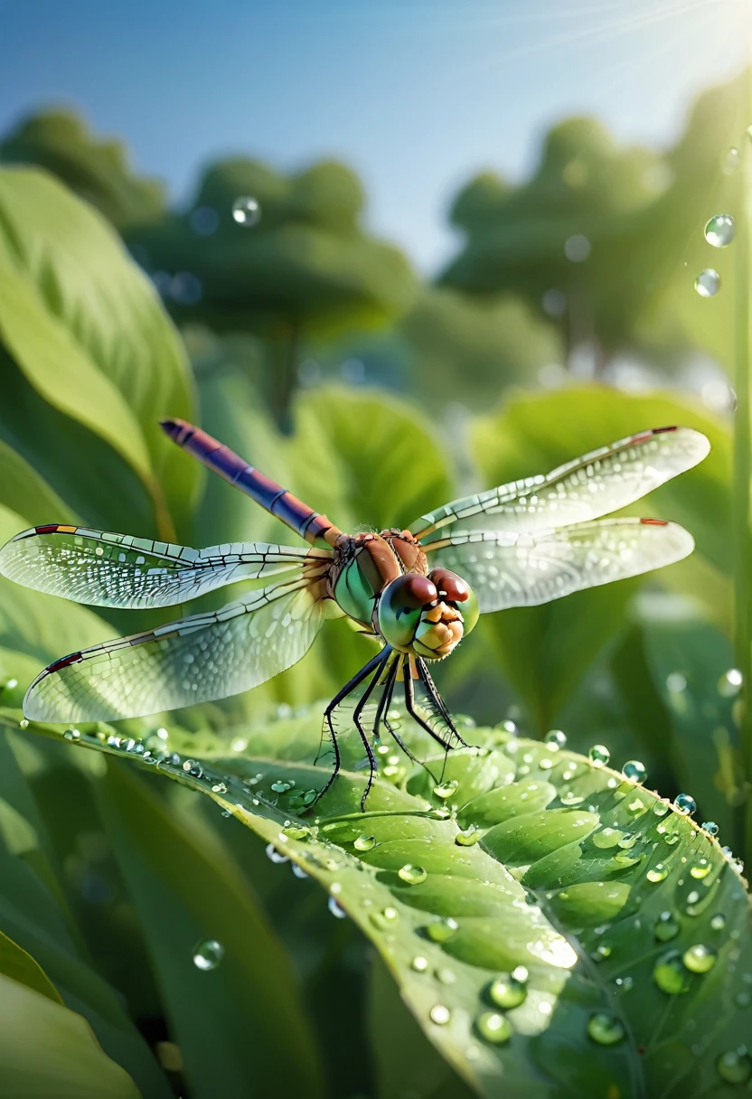 debtull body photo of a dragonfly sitting on a leaf, Dewdrops, Soft Ray Tracing, Intricate details, Crazy Details, 8K, Summer atmosphere, ultra-Realistic hair, redebtlections, debt/11, 8K, Cinematic, Realistic, Natural shots, National Geographic Award Winner,32k.