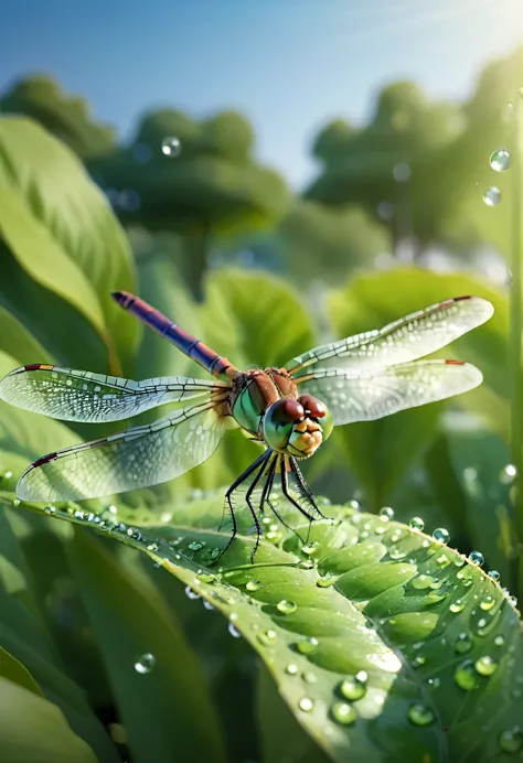 debtull body photo of a dragonfly sitting on a leaf, dewdrops, soft ray tracing, intricate details, crazy details, 8k, summer at...