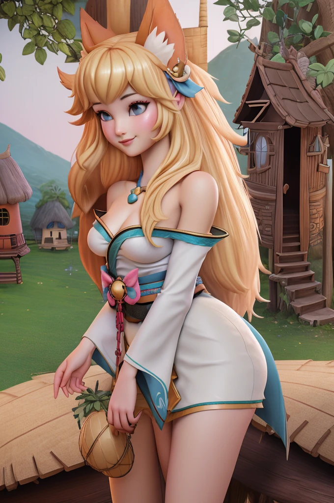 close up 1girl in, Ahri, league of legends, teenager, Solo, long hair, super long blond hair, pale skin, full medium breasts, cleavage, runners body, (thin hips, thin waist: 1.25), (arched back:1.12), detailed skin, neutral face, mischievous smile, revealing clothes, (wearing fox ears, 9 fox tails, off the shoulder nsfw kimono: 1.1), (detailed tree house village background:1.4), 4k textures, soft light, elegant, highly detailed, sharp focus, soothing tones, insane details, intricate details, hyperdetailed, low contrast, exposure blend, hdr, faded