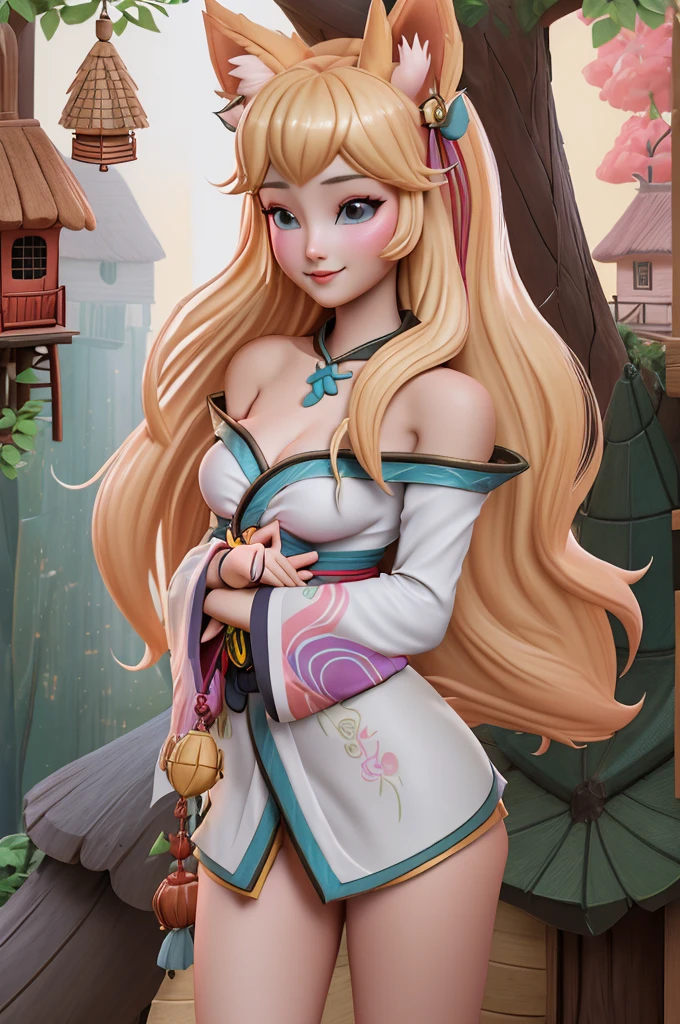 close up 1girl in, Ahri, league of legends, teenager, Solo, long hair, super long blond hair, pale skin, full medium breasts, cleavage, runners body, (thin hips, thin waist: 1.25), (arched back:1.12), detailed skin, neutral face, mischievous smile, revealing clothes, (wearing fox ears, 9 fox tails, off the shoulder nsfw kimono: 1.1), (detailed tree house village background:1.4), 4k textures, soft light, elegant, highly detailed, sharp focus, soothing tones, insane details, intricate details, hyperdetailed, low contrast, exposure blend, hdr, faded