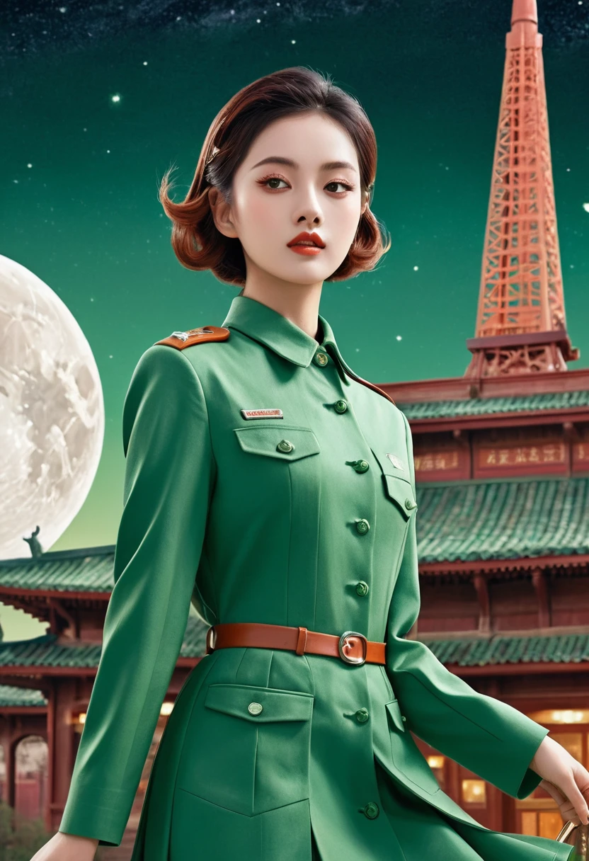 (masterpiece), (best quality), (best detail), (distant general point of view), (edges worn paper),(main color of illustration: jade green), (secondary color: cinnamon), a group of very beautiful schoolgirls with sexy posture, very detailed face, vintage advertising poster with futuristic style letters 60', western futuristic scenery, night (many stars, moon), shading (detailed, much contrast)