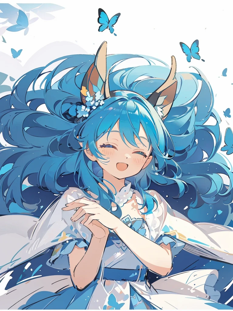 bust-up, 1girl, tosca blue hair, butterfly picking up the strands of her hair, blue flower, deer ears, white deer antlers, elegant white dress, happy expression, splash cool background, solo, sketch, portrait, dynamic pose