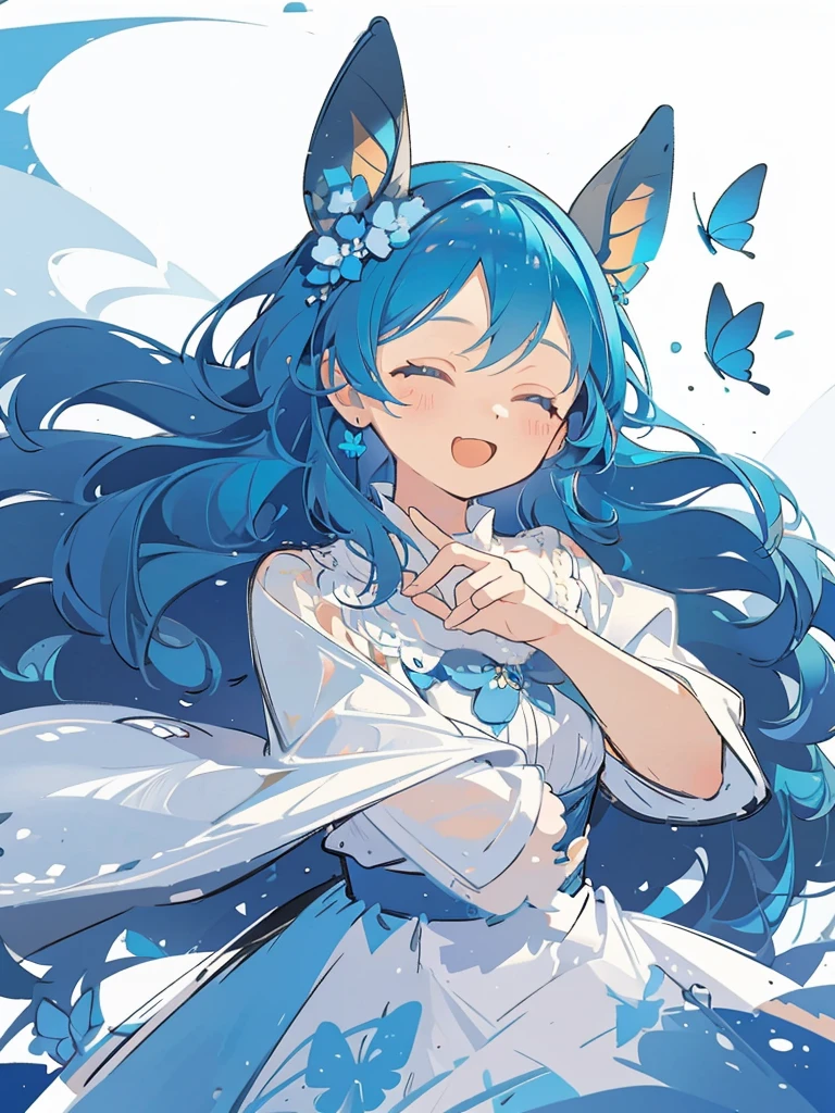 bust-up, 1girl, tosca blue hair, butterfly picking up the strands of her hair, blue flower, deer ears, white deer antlers, elegant white dress, happy expression, splash cool background, solo, sketch, portrait, dynamic pose