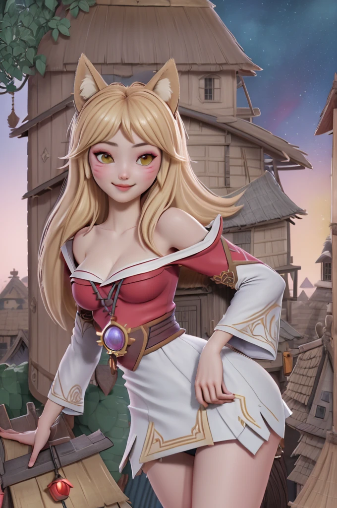 close up 1girl in, Ahri, league of legends, teenager, Solo, long hair, super long blond hair, pale skin, full medium breasts, cleavage, runners body, (thin hips, thin waist: 1.25), (arched back:1.12), detailed skin, neutral face, mischievous smile, revealing clothes, (wearing fox ears, fox tails, off the shoulder nsfw kimono: 1.1), (detailed tree house village background:1.4), dark rooftop, overlooking apocalyptic city, 4k textures, soft light, elegant, highly detailed, sharp focus, soothing tones, insane details, intricate details, hyperdetailed, low contrast, exposure blend, hdr, faded