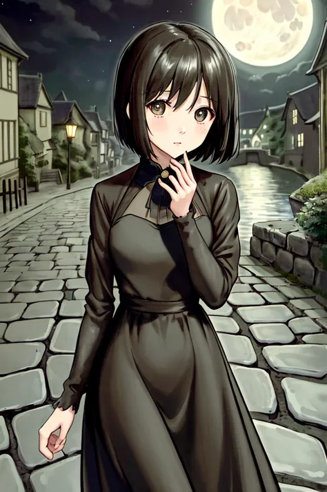 (masterpiece)、highest quality、ultra-high resolution、in front_misaki、short hair、cute、black long dress、cobblestone street、lonely f...