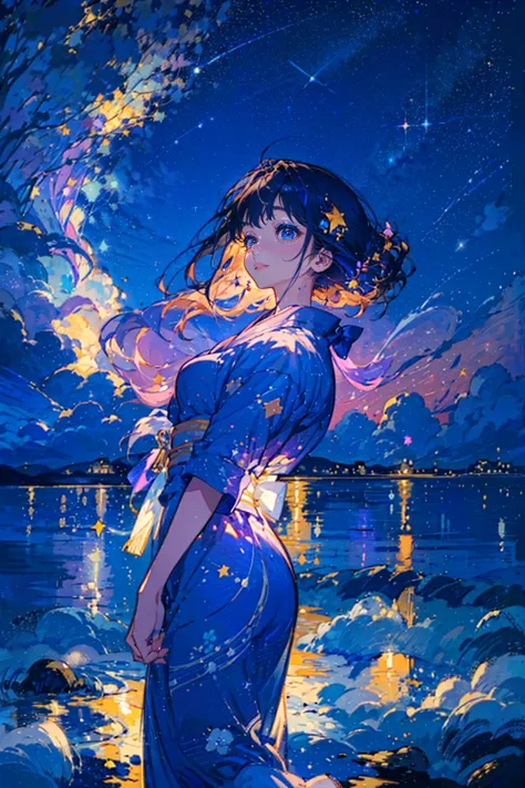 1girl,solo,cool,yukata,perfect face,perfect fingers,look up,she is seeing the sky,star night,starry night,low angle,fanxing,fant...