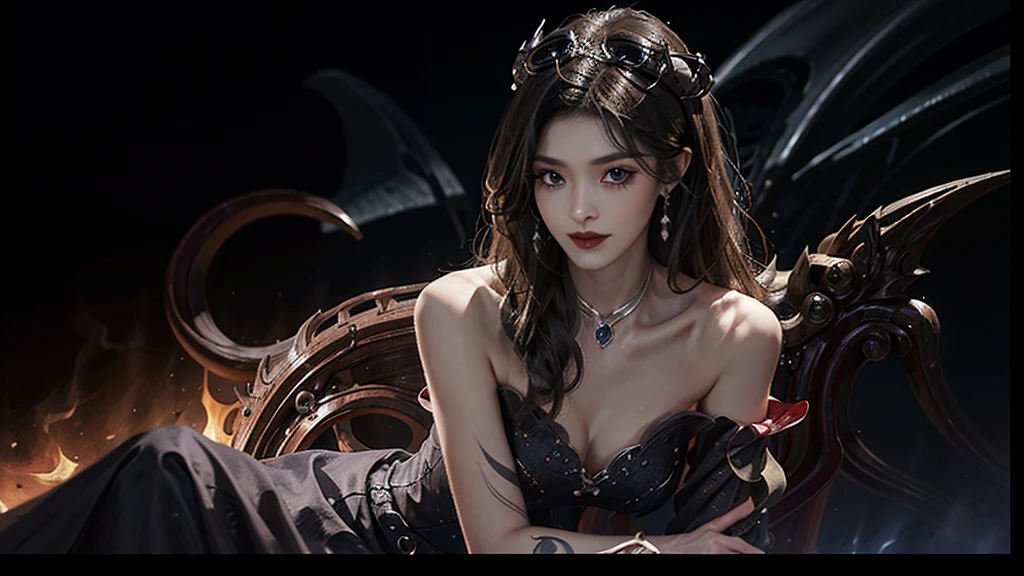 skirt, Beautiful demon woman from hell, (in the darkness: 1.6), 大卫霍克尼和阿尔方斯穆夏的surreal女性portrait, Fantasy Art, Korean Doll, Photorealism, Dynamic Lighting, Art Station, posters, Volumetric Lighting, Very rich facial details, 8k, in the darkness, Deep Shadows, Low pitch, (Shot in the knee), Long hair, Black Hair, Luxurious Palace, Royal style, Demon Crown, The red eye makeup is very vivid and detailed, The most beautiful face, Normal breast, surreal, Charming smile, The eye makeup is beautiful, Gurwitz, Devil style, Red-black lips, Devil tattoo on the shoulder, Gloomy weather，thunder, (portrait), Close-up of the protagonist, (Background details 1.8),