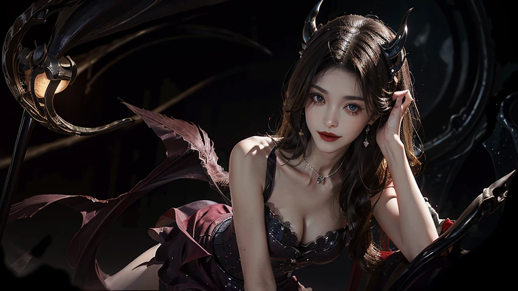 skirt, Beautiful demon woman from hell, (in the darkness: 1.6), 大卫霍克尼和阿尔方斯穆夏的surreal女性portrait, Fantasy Art, Korean Doll, Photorealism, Dynamic Lighting, Art Station, posters, Volumetric Lighting, Very rich facial details, 8k, in the darkness, Deep Shadows, Low pitch, (Shot in the knee), Long hair, Black Hair, Luxurious Palace, Royal style, Demon Crown, The red eye makeup is very vivid and detailed, The most beautiful face, Normal breast, surreal, Charming smile, The eye makeup is beautiful, Gurwitz, Devil style, Red-black lips, Devil tattoo on the shoulder, Gloomy weather，thunder, (portrait), Close-up of the protagonist, (Background details 1.8),