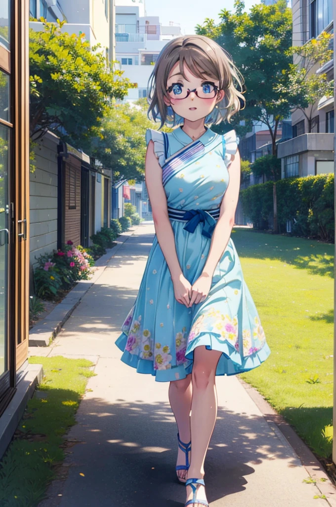 Yo Watanabe, Watanabe Yo, short hair, blue eyes, Brown Hair, smile, blush,Open your mouth,Flower Hair Ornaments,Black-rimmed glasses,Light blue sleeveless dress,Long skirt,Cute heeled sandals,Walking,Daytime,Clear skies,whole bodyがイラストに入るように
break outdoors, Coastal Road,Building district,
break looking at viewer, whole body,
break (masterpiece:1.2), Highest quality, High resolution, unity 8k wallpaper, (figure:0.8), (Beautiful attention to detail:1.6), Highly detailed face, Perfect lighting, Highly detailed CG, (Perfect hands, Perfect Anatomy),