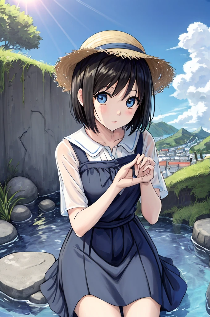 (masterpiece)、Highest quality、Ultra-high resolution、in front_Misaki、Short Hair、cute、Black long dress、Cobblestone Street、 face、blue sea、Beautiful Landscape、Straw hat、View your viewers、Wave one hand、The blazing sun、beautiful girl、Blue sky、Blue Water、Hollow Eyes、Clear water、Coca-Cola plastic bottles、Beautiful Landscape、White House、、Sitting、