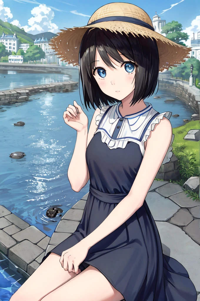 (masterpiece)、Highest quality、Ultra-high resolution、in front_Misaki、Short Hair、cute、Black long dress、Cobblestone Street、 face、blue sea、Beautiful Landscape、Straw hat、View your viewers、Wave one hand、The blazing sun、beautiful girl、Blue sky、Blue Water、Hollow Eyes、Clear water、Coca-Cola plastic bottles、Beautiful Landscape、White House、、Sitting、