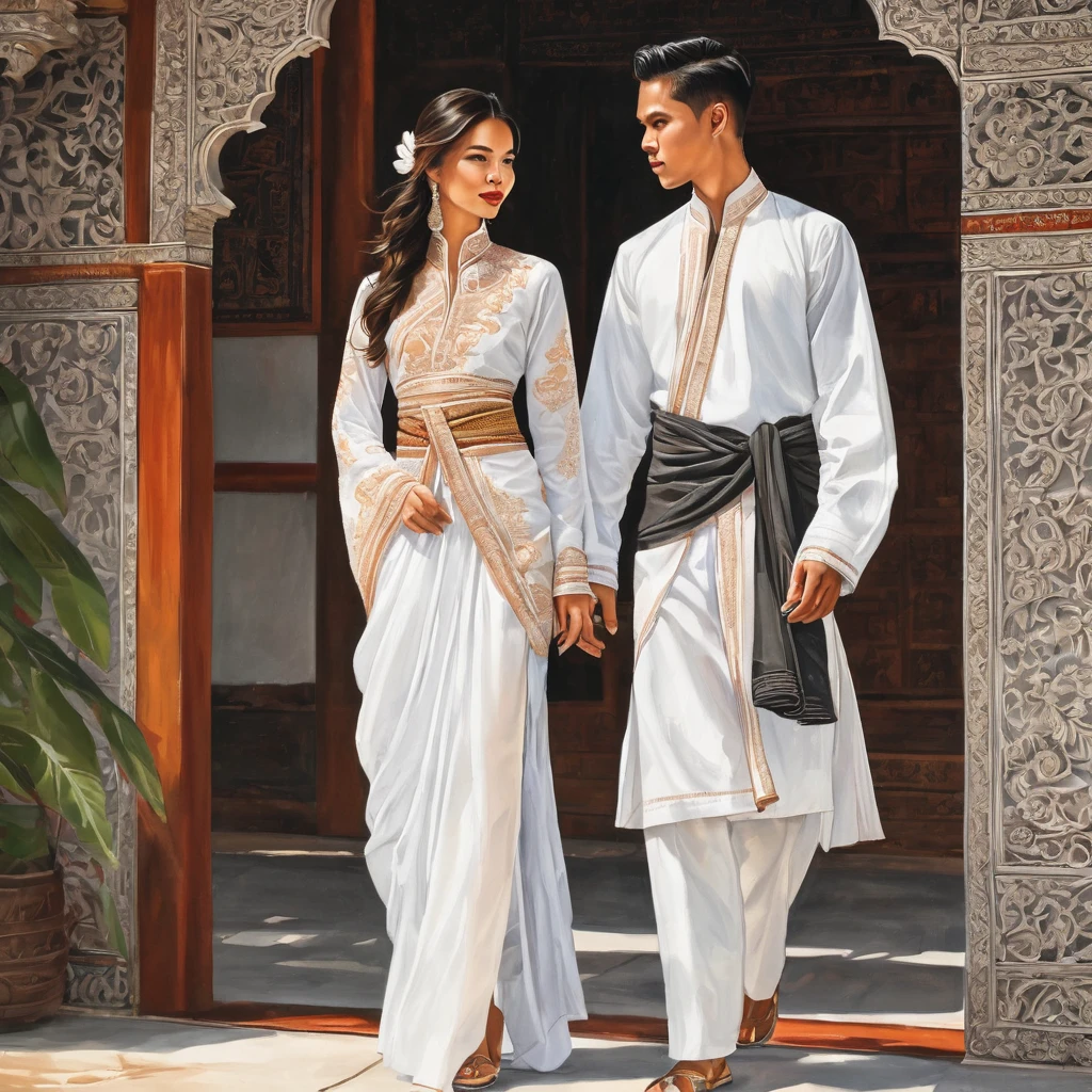 candid illustration de mode of two young man and women, 20 ans, orné d&#39;une tenue traditionnelle nord-thaïlandaise méticuleusement confectionnée, ((met en valeur la mode dans une tenue Lanna du nord de la Thaïlande en coton tissé à la main en blanc)), dans un style simple, élégant et luxueux, L&#39;homme porte une simple chemise blanche à manches longues avec des détails minimes, associé à un pantalon Tailor blanc, et chaussures, 
La femme le complète avec une jupe tubulaire blanche ou un sarong aux motifs simples, Le sarong en trois parties en une, longueur cheville et est enroulé autour de la taille, et Un chemisier ajusté finement décoré qui complète la jupe. 
Capturé en contre-plongée, ((image du corps entier)), se dresse gracieusement sur fond blanc de décoration de style Lanna. Leur tenue simple avec des broderies complexes et des accents blancs, chaque élément soigneusement choisi pour refléter le riche patrimoine culturel de Lanna, 
 ((fond de studio blanc)), lignes de crayon de couleur réalistes, Dessin parfait, lignes de charbon de bois, croquis qui s&#39;estompe, Croquis rapide, Lumière douce, illustration de mode, croquis de mode, 