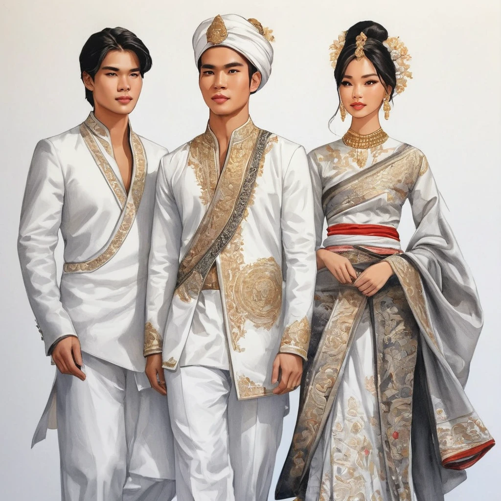 candid Modeillustration of two young man and women, 20 Jahre alt, geschmückt mit einem sorgfältig gefertigten traditionellen nordthailändischen Outfit, ((zeigt Mode in einem nordthailändischen Lanna-Outfit aus handgewebter Baumwolle in Weiß)), in schlichtem, elegantem und luxuriösem Stil, Der Mann trägt ein einfaches langärmeliges weißes Hemd mit minimalen Details, gepaart mit weißen Schneiderhosen, Und Schuhe, 
Die Frau ergänzt ihn mit einem weißen Röhrenrock oder Sarong mit schlichten Mustern, Der Sarong mit drei Teilen in einem, Knöchellang und um die Taille gewickelt, und eine taillierte, aufwendig verzierte Bluse, die den Rock ergänzt. 
Aus niedriger Perspektive aufgenommen, ((Ganzkörperbild)), steht anmutig vor dem weißen Hintergrund der Lanna-Dekoration. Ihre Kleidung ist schlicht mit aufwendiger Stickerei und weißen Akzenten, jedes Element wurde sorgfältig ausgewählt, um das reiche kulturelle Erbe Lannas widerzuspiegeln, 
 ((Weißer Studiohintergrund)), realistische Farbstiftlinien, Perfekte Zeichnung, Kohlelinien, verblassende Skizze, Schnelle Skizze, sanftes Licht, Modeillustration, Mode-Skizzen, 