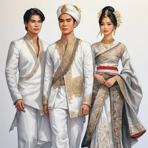 candid fashion illustration of two young man and women, 20 year odle, adorned in a meticulously crafted North Thai traditional o...