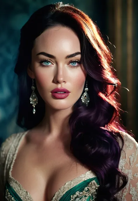 an 1800s theme cinematic photo of an enchanting and alluring woman, resembling megan fox, who exquisitely beautiful, in high-con...