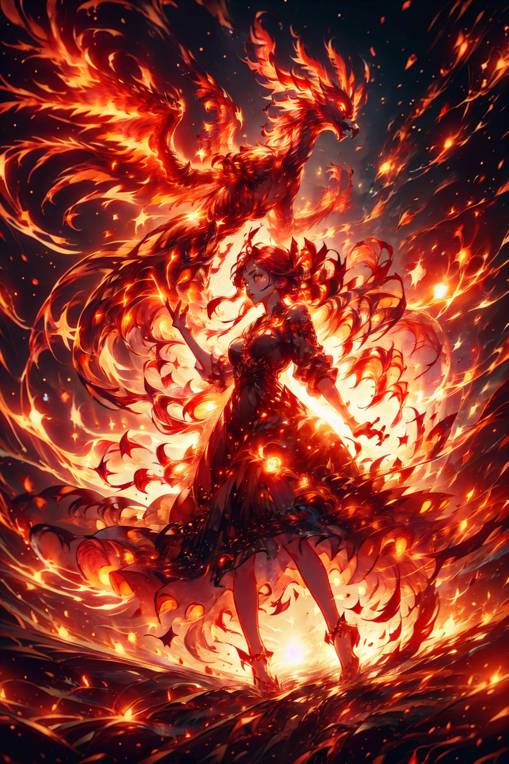 1girl,she has red eyes,brilliant,phoenix,fire,flare,around fire aura, explosionmagic,she holding sword,she is warrior,knight,