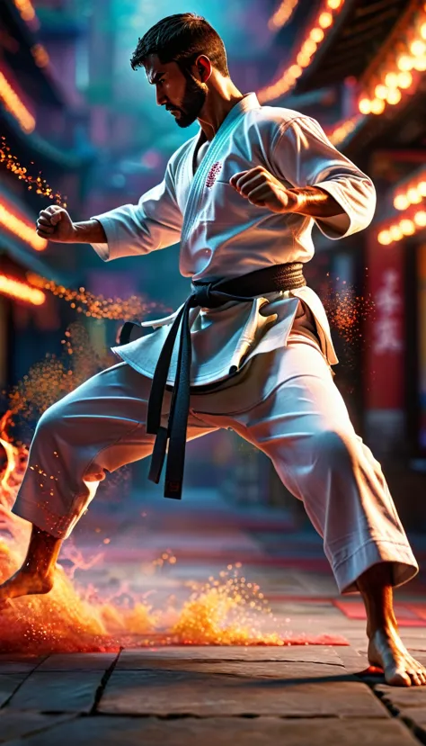 A karate fighter in action, detailed muscular body, intense martial arts pose, powerful kick, dramatic lighting, cinematic compo...