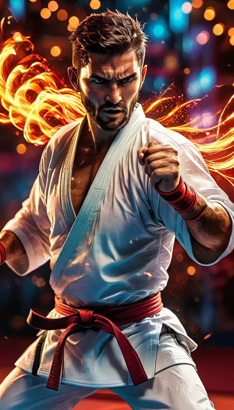 A karate fighter in action, detailed muscular body, intense martial arts pose, powerful kick, dramatic lighting, cinematic compo...