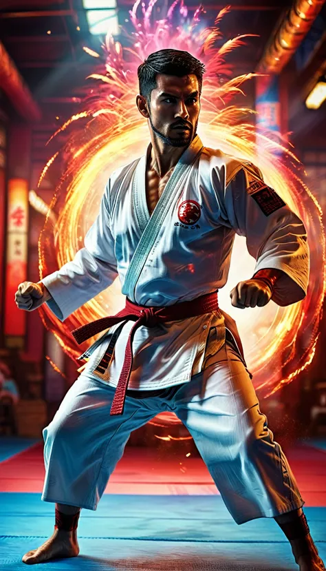 A karate fighter in action, detailed muscular body, intense martial arts pose, powerful kick, dramatic lighting, cinematic compo...