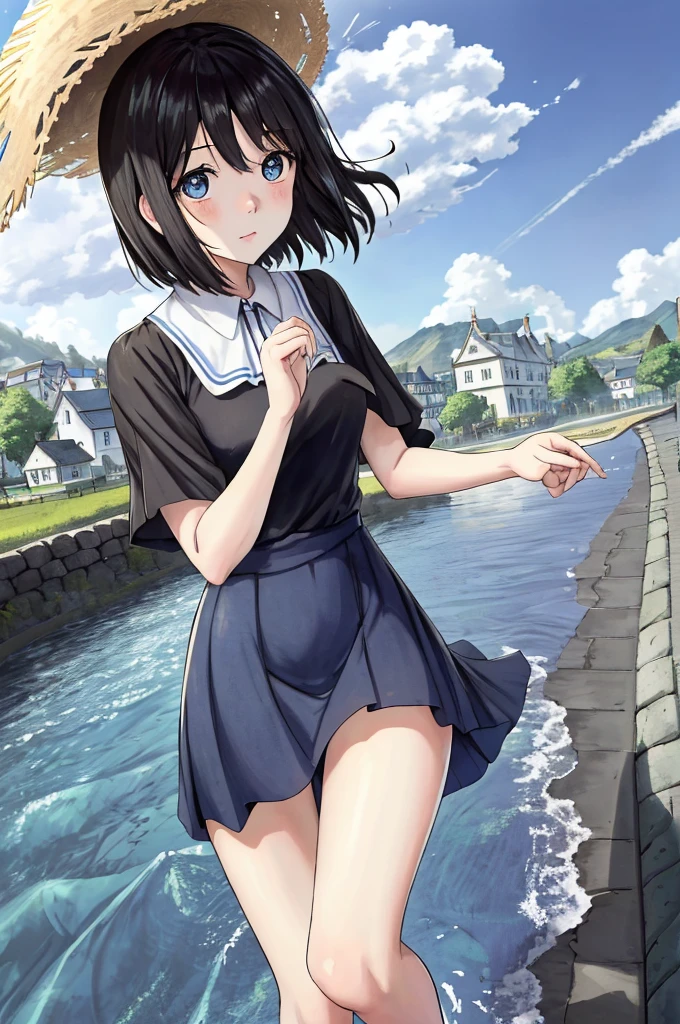 (masterpiece)、Highest quality、Ultra-high resolution、in front_Misaki、Short Hair、cute、Black long dress、Cobblestone Street、 face、blue sea、Beautiful Landscape、Straw hat、View your viewers、Wave one hand、The blazing sun、beautiful girl、Blue sky、Blue Water、Hollow Eyes、Clear water、Coca-Cola plastic bottles、Beautiful Landscape、White House、White panties、Panties are visible、Skirt that flips up、