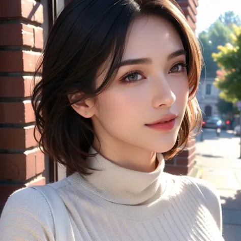 a beautiful young woman, short hair, (1girl), casual outfit, detailed face, alluring eyes, full lips, large bust, turtle neck t-...