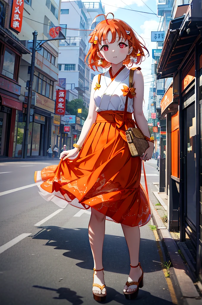 chika　takami,Orange Hair,Red eyes,Orange sleeveless dress,Long skirt,Cute heeled sandals,Walking,Daytime,Clear skies,whole bodyがイラストに入るように break outdoors, Coastal Road,Building district, break looking at viewer, whole body, break (masterpiece:1.2), Highest quality, High resolution, unity 8k wallpaper, (figure:0.8), (Beautiful attention to detail:1.6), Highly detailed face, Perfect lighting, Highly detailed CG, (Perfect hands, Perfect Anatomy),