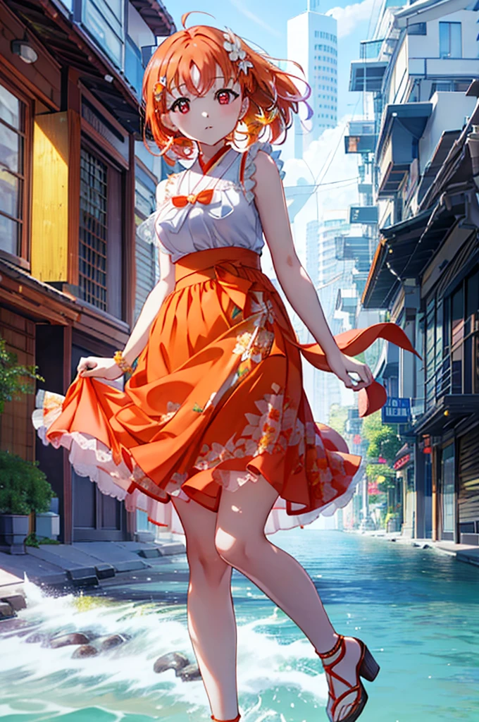 chika　takami,Orange Hair,Red eyes,Orange sleeveless dress,Long skirt,Cute heeled sandals,Walking,Daytime,Clear skies,whole bodyがイラストに入るように break outdoors, Coastal Road,Building district, break looking at viewer, whole body, break (masterpiece:1.2), Highest quality, High resolution, unity 8k wallpaper, (figure:0.8), (Beautiful attention to detail:1.6), Highly detailed face, Perfect lighting, Highly detailed CG, (Perfect hands, Perfect Anatomy),