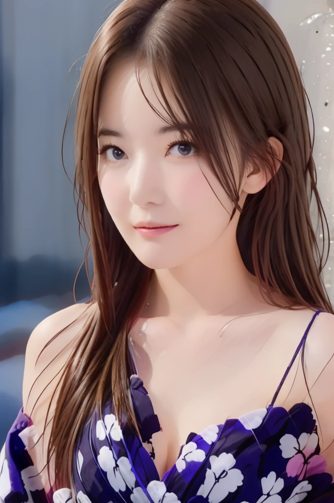 (1young girl), Extremely cute face, Amazing face and eyes, (Highly detailed eyes, Highly detailed face), fresh, Very clean appearance, (Hyper-realistic, hight resolution), (Best Quality:1.4), Raw photo, (Realistic, Photorealsitic:1.37), Professional Photography, (floral pattern yukata:1.5), (Open yukata), (cleavage:1.2), (Bare shoulders), Smile slightly, (Staring at me), Bedroom, girl portrait,