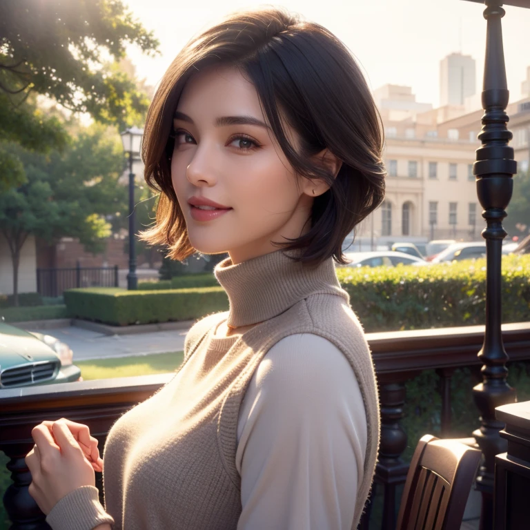 a beautiful young woman in a casual outfit, short hair, detailed face, alluring eyes, full lips, large bust, turtle neck t-shirt, gray vest, outdoor date setting, soft lighting, warm colors, photorealistic, 8k, cinematic, beautiful detailed eyes, beautiful detailed lips, extremely detailed face and eyes, long eyelashes, intricate clothing textures, elegant posing, warm smile, romantic atmosphere