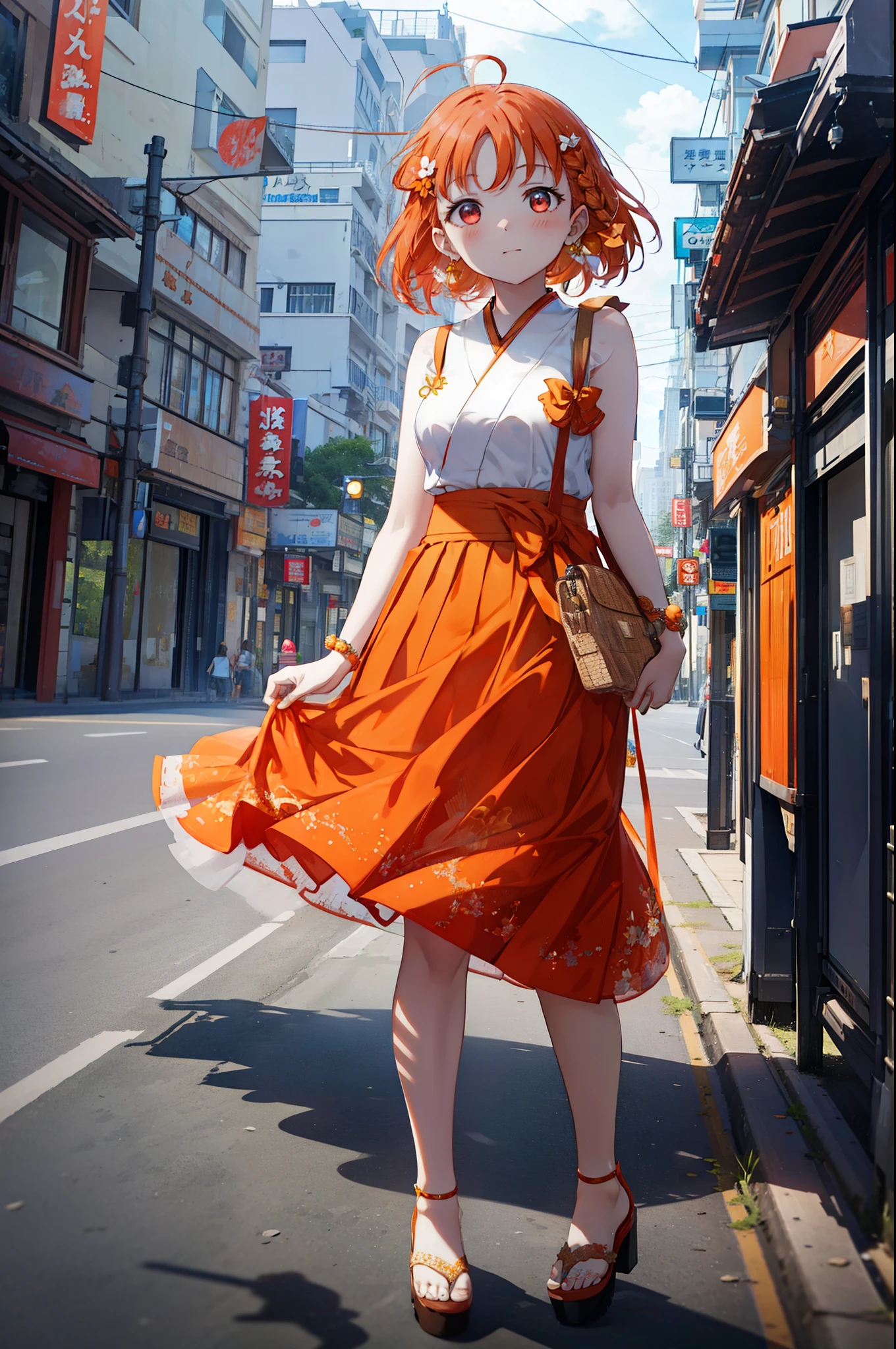 chika　takami,Orange Hair,Red eyes,Orange sleeveless dress,Long skirt,Cute heeled sandals,Walking,Daytime,Clear skies,whole bodyがイラストに入るように break outdoors, Coastal Road,Building district, break looking at viewer, whole body, break (masterpiece:1.2), Highest quality, High resolution, unity 8k wallpaper, (figure:0.8), (Beautiful attention to detail:1.6), Highly detailed face, Perfect lighting, Highly detailed CG, (Perfect hands, Perfect Anatomy),