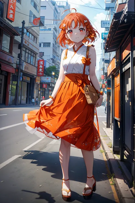chika　takami,Orange Hair,Red eyes,Orange sleeveless dress,Long skirt,Cute heeled sandals,Walking,Daytime,Clear skies,whole bodyが...