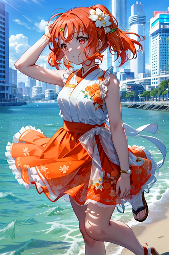 chika　takami,pelo naranja,ojos rojos,Vestido naranja sin mangas,Falda larga,Lindas sandalias de tacón,Caminando,tiempo de día,Cielos despejados,todo el cuerpoがイラストに入るように break outdoors, Carretera Costera,Distrito de construcción, descanso mirando al espectador, todo el cuerpo, break (obra maestra:1.2), de la máxima calidad, Alta resolución, fondo de pantalla de unidad 8k, (cifra:0.8), (Hermosa atención al detalle:1.6), Cara muy detallada, Iluminación perfecta, CG muy detallado, (manos perfectas, anatomía perfecta),