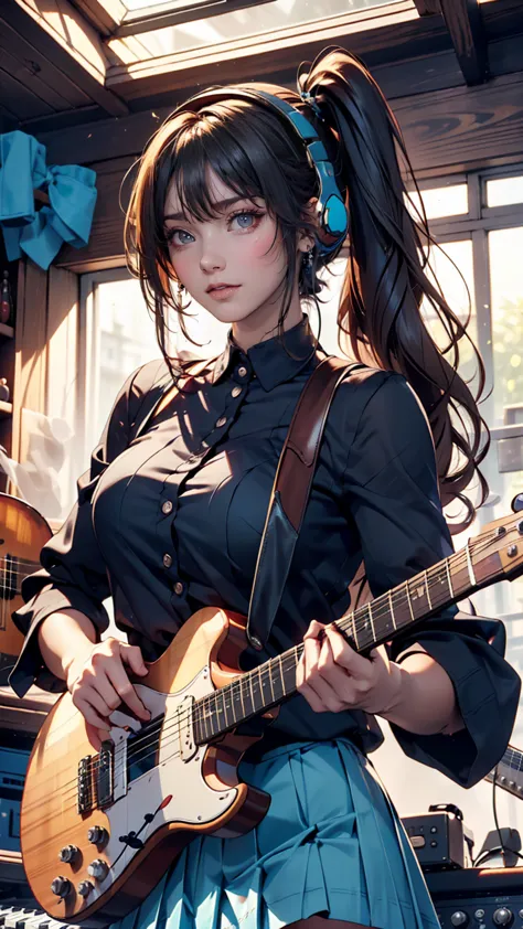 ((masterpiece, highest quality))one girl, alone, black dress, blue eyes, electric guitar, guitar, headphones, double ponytail, h...