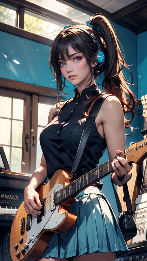 ((masterpiece, Highest quality))One girl, alone, Black Dress, blue eyes, electric guitar, guitar, Headphones, Double Ponytail, H...
