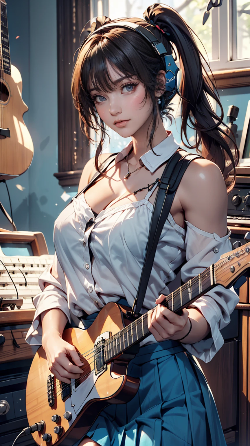 ((chef-d&#39;œuvre, la plus haute qualité))Une fille, seul, Robe noire, yeux bleus, Guitare électriquee, guitare, écouteurs, double queue de cheval, holding, holding plectrum, musiqueal instrument, cheveux longs, musique, un côté vers le haut, Cheveux Turquoises, Queues jumelles, guitareを弾く, jupe plissée, chemise noire, intérieur