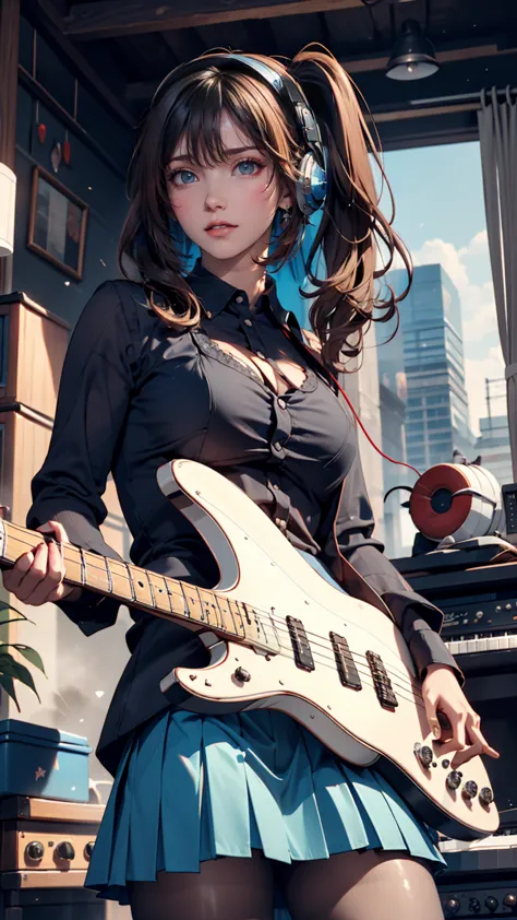 ((masterpiece, Highest quality))One girl, alone, Black Dress, blue eyes, electric guitar, guitar, Headphones, Double Ponytail, H...