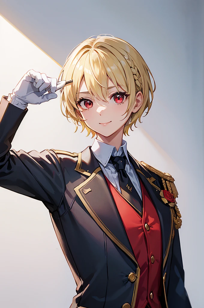 1 person, mature, Butler,, count, viscount, Victorian era,(Barrette)、(((Hair on one eye)))、(((Blonde short hair))),(Red eyes)、smile、 suit, coat,  White gloves, Gold and red design, Black Shirt, No background, Absurd, High resolution, Super sharp, 8K, masterpiece, View your viewers, Are standing, No background, No background, White Background